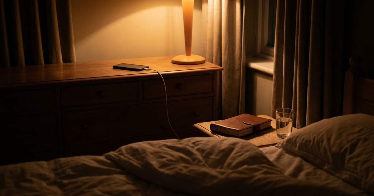 A phone charging on a dresser across a dark bedroom from the bed, warm lamp light, closed book and glass of water on the nightstand instead, no faces visible A phone charging on a dresser across a dark bedroom from the bed, warm lamp light, closed book and glass of water on the nightstand instead, no faces visible