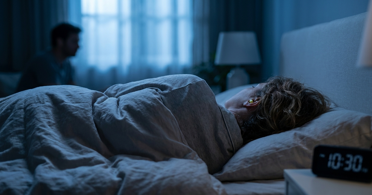 Person lying peacefully on their side with earplugs in, soft blue night lighting, partner's silhouette blurred in backgr