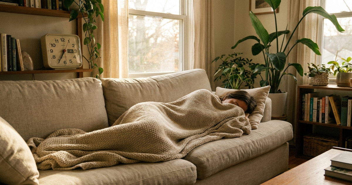 Person napping on a couch in soft afternoon light with a clock visible showing early afternoon, calm bedroom or living r Person napping on a couch in soft afternoon light with a clock visible showing early afternoon, calm bedroom or living r