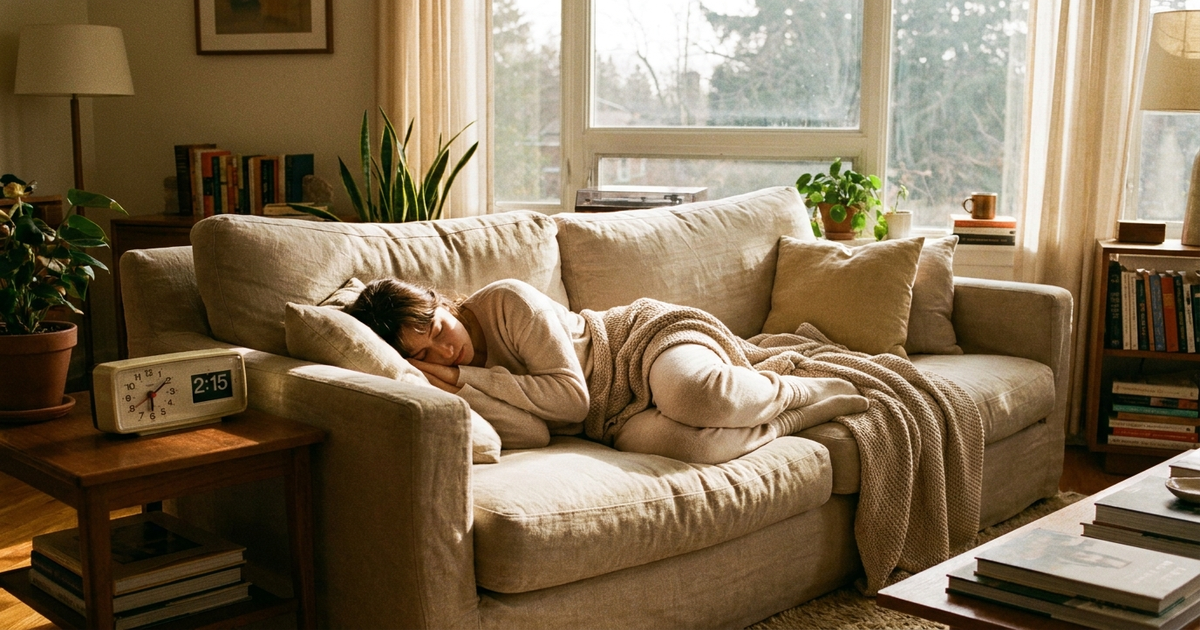A person napping on a couch in soft afternoon light with a clock showing early afternoon, representing a short daytime nap timed to avoid disrupting nighttime sleep A person napping on a couch in soft afternoon light with a clock showing early afternoon, representing a short daytime nap timed to avoid disrupting nighttime sleep