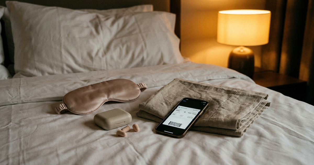 A packed travel sleep kit laid out on a hotel bed — eye mask, earplugs, own pillowcase, phone showing a boarding pass, s