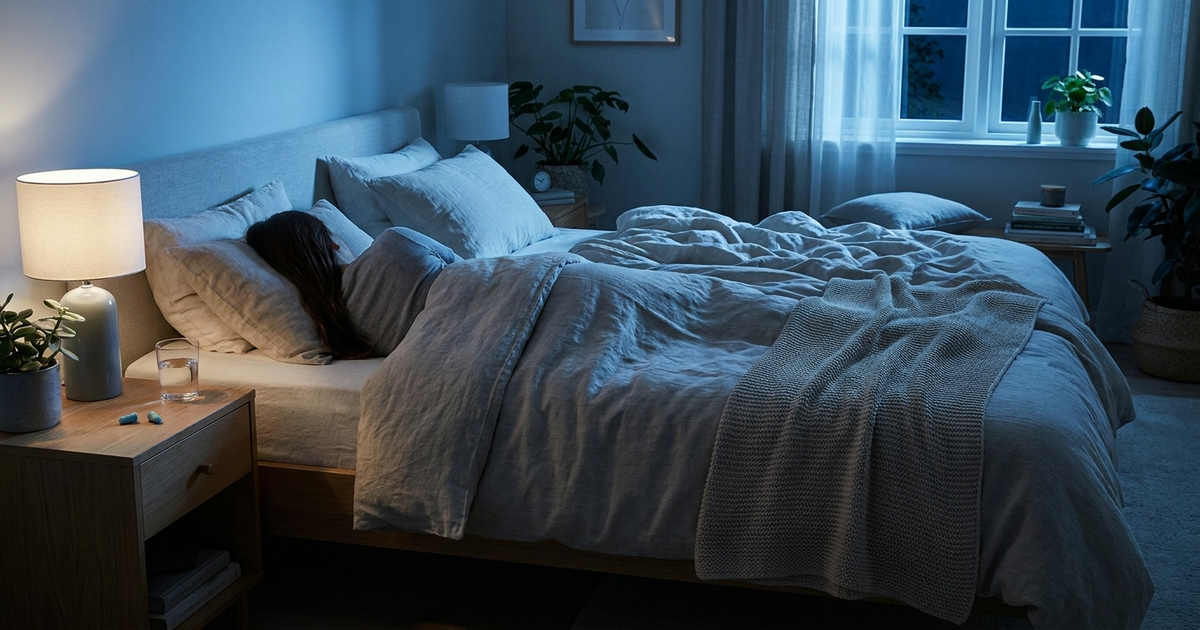 Two-sided bed at night, one partner sleeping peacefully with earplugs, soft blue lighting, calm bedroom, no faces visible Two-sided bed at night, one partner sleeping peacefully with earplugs, soft blue lighting, calm bedroom, no faces visible