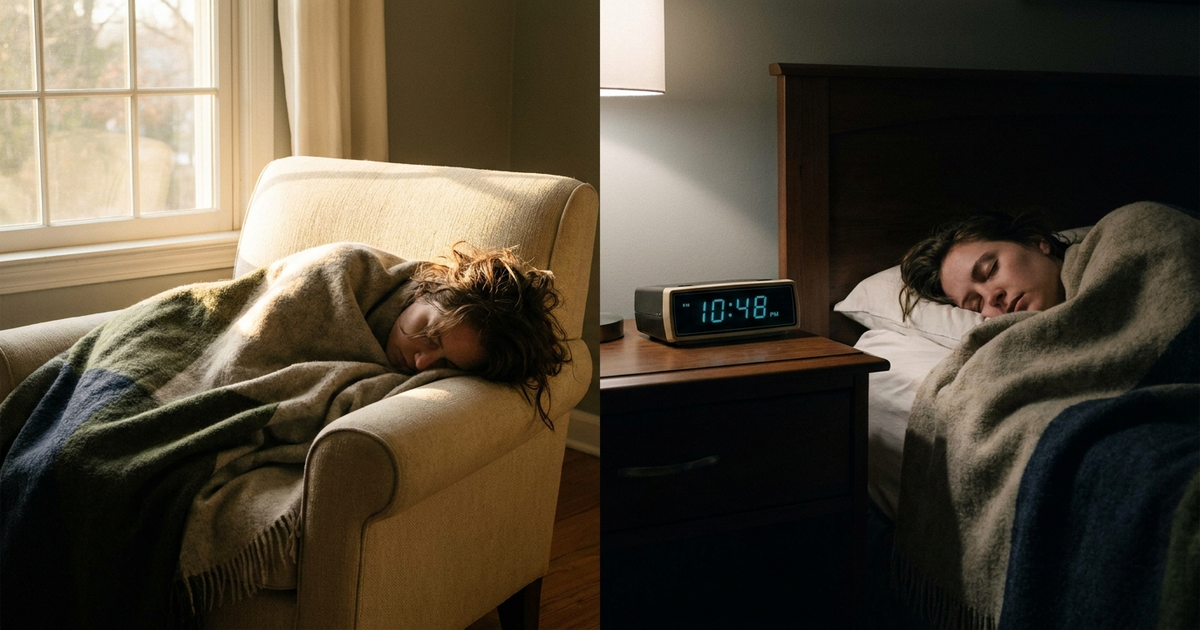 Split-lighting scene of a person napping in a sunlit armchair on one side and a bedside clock reading late evening on th Split-lighting scene of a person napping in a sunlit armchair on one side and a bedside clock reading late evening on th