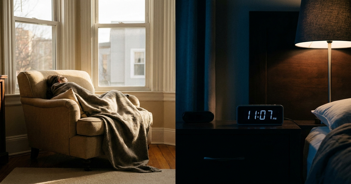 Split-lighting scene of a person napping in a sunlit armchair on one side and a bedside clock reading late evening on the other, calm muted tones, no faces visible Split-lighting scene of a person napping in a sunlit armchair on one side and a bedside clock reading late evening on the other, calm muted tones, no faces visible