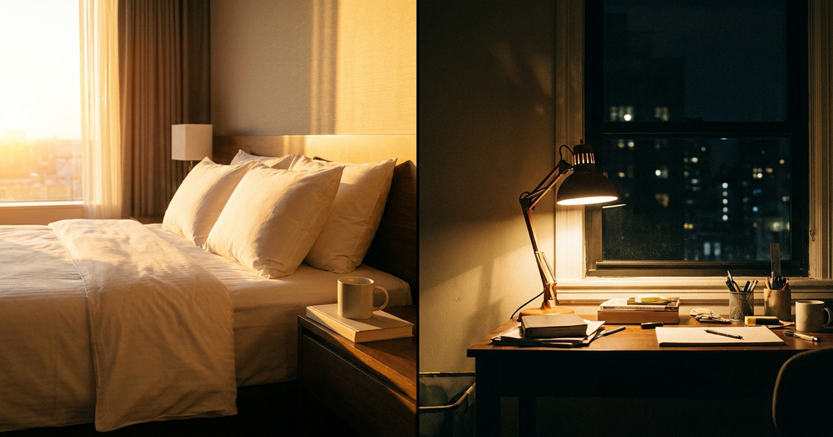 Split image, sunrise over a made bed on one side and a lit desk lamp at a dark window on the other, symbolizing morning Split image, sunrise over a made bed on one side and a lit desk lamp at a dark window on the other, symbolizing morning