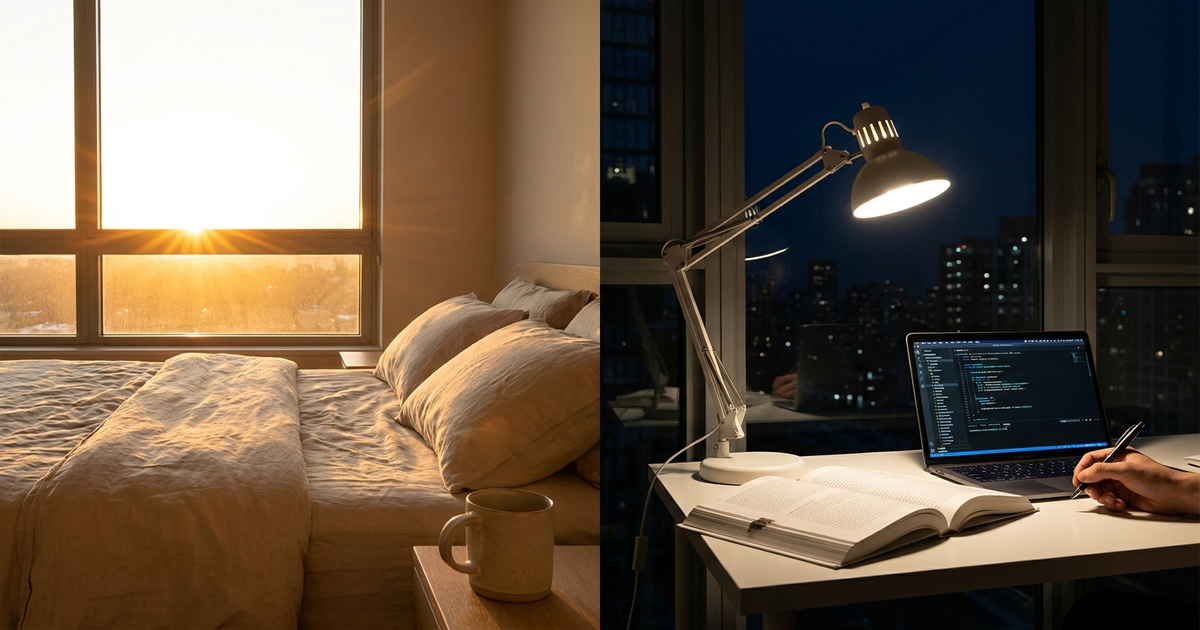 Split image of a sunrise over a made bed on one side and a lit desk lamp at a dark window on the other, representing night owl vs early bird chronotype Split image of a sunrise over a made bed on one side and a lit desk lamp at a dark window on the other, representing night owl vs early bird chronotype