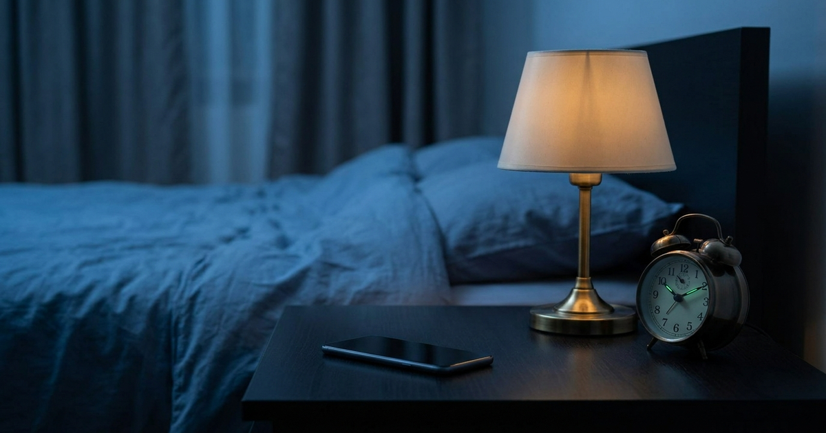 Phone lying face-down on a nightstand next to a dimmed lamp and an analog alarm clock, dark bedroom, calm muted blue ton Phone lying face-down on a nightstand next to a dimmed lamp and an analog alarm clock, dark bedroom, calm muted blue ton