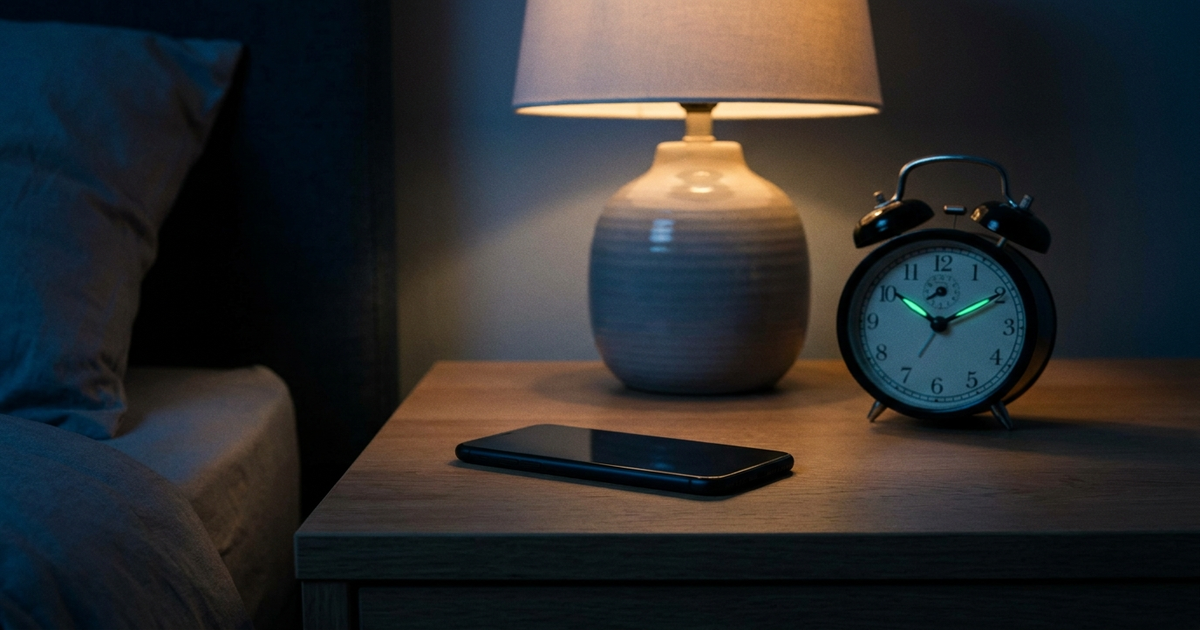 Phone lying face-down on a nightstand next to a dimmed lamp and an analog alarm clock, dark bedroom, calm muted blue tones, no faces visible Phone lying face-down on a nightstand next to a dimmed lamp and an analog alarm clock, dark bedroom, calm muted blue tones, no faces visible