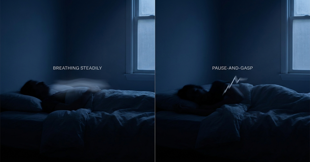 Split-scene bedside view at night, one calm sleeping silhouette breathing steadily and one with a faint pause-and-gasp m