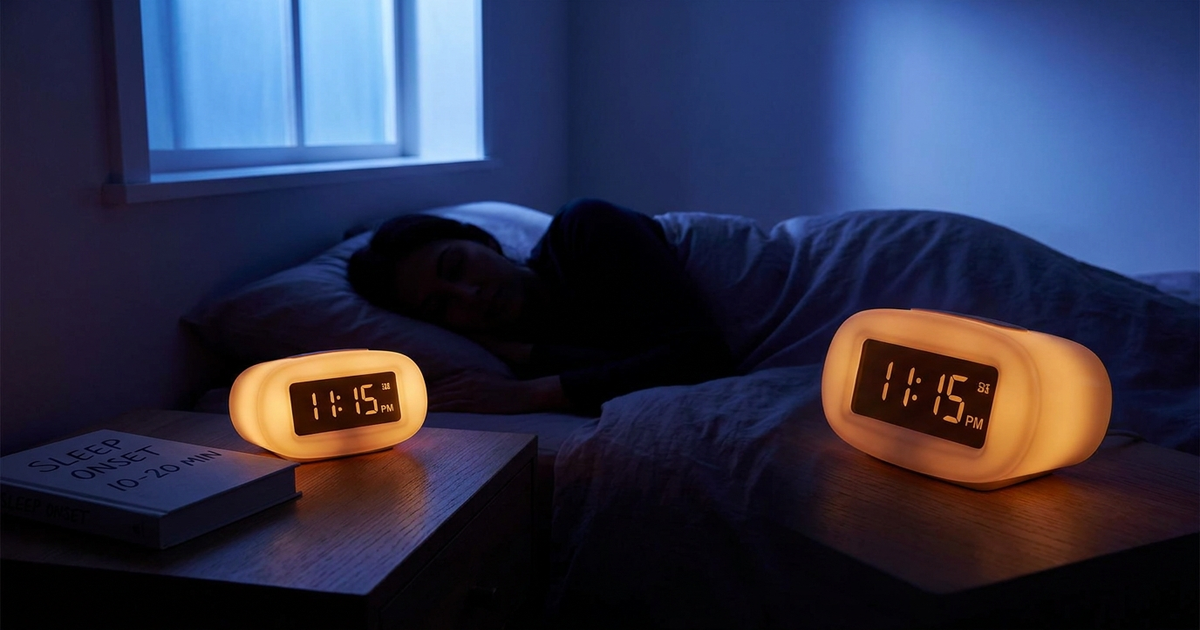 A softly glowing bedside clock next to a peacefully sleeping silhouette in a dark blue-lit bedroom, representing the normal 10-20 minute sleep onset latency window A softly glowing bedside clock next to a peacefully sleeping silhouette in a dark blue-lit bedroom, representing the normal 10-20 minute sleep onset latency window