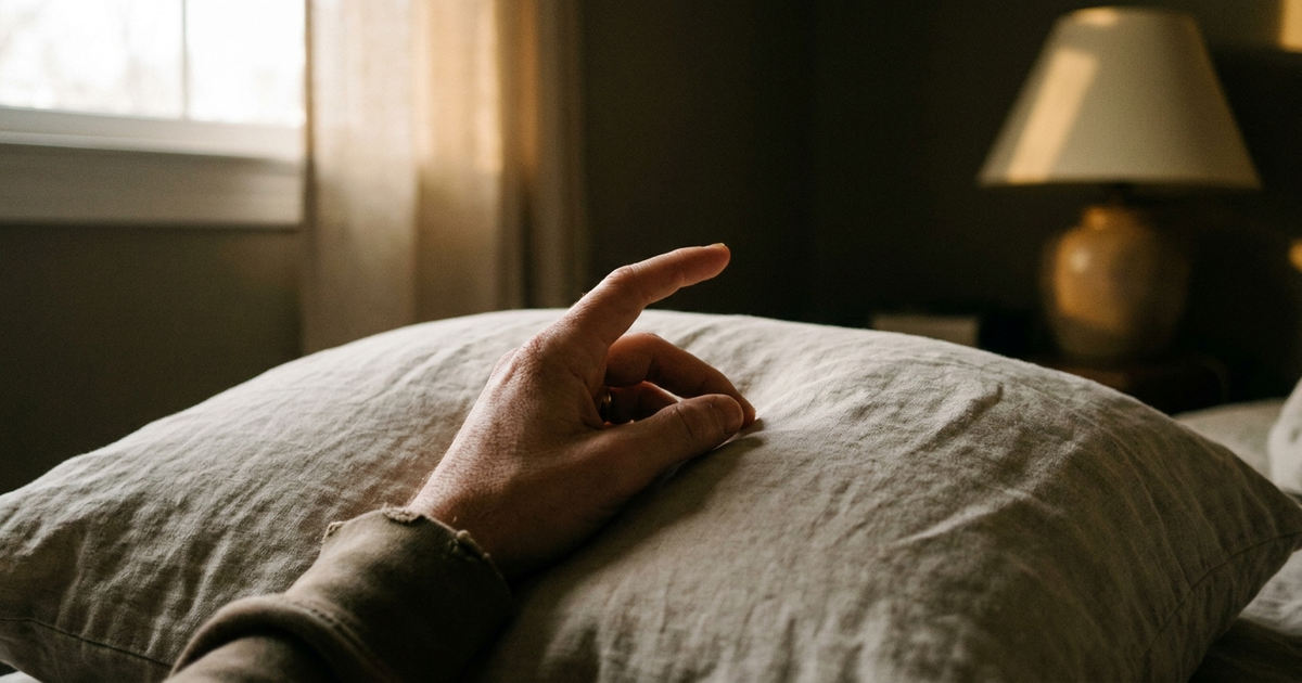 Close-up of a hand on a pillow with one finger slightly lifted mid-movement, dim bedroom light, calm rather than frighte Close-up of a hand on a pillow with one finger slightly lifted mid-movement, dim bedroom light, calm rather than frighte