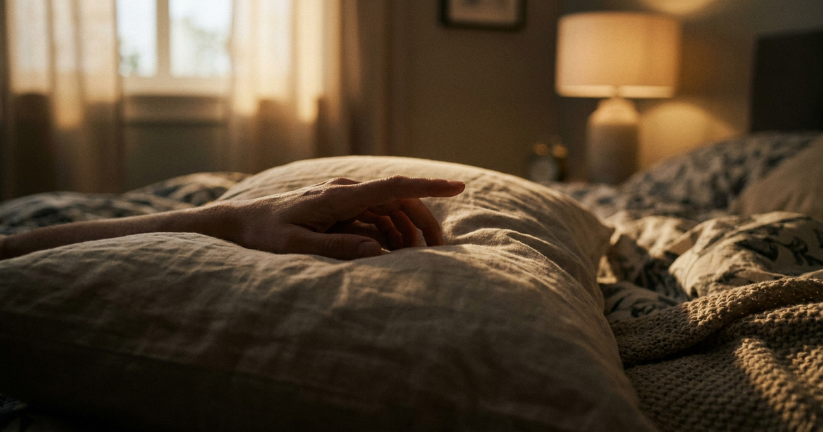 A close-up of a hand on a pillow with one finger slightly lifted mid-movement in dim bedroom light, representing the small-movement technique for breaking a sleep paralysis episode A close-up of a hand on a pillow with one finger slightly lifted mid-movement in dim bedroom light, representing the small-movement technique for breaking a sleep paralysis episode
