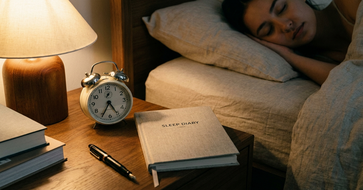Nightstand alarm clock reading an early hour beside a sleep diary and pen, dim bedroom light, calm nighttime scene Nightstand alarm clock reading an early hour beside a sleep diary and pen, dim bedroom light, calm nighttime scene
