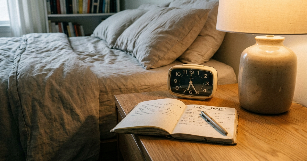 Nightstand alarm clock reading an early hour beside a sleep diary and pen, dim bedroom light, calm nighttime scene Nightstand alarm clock reading an early hour beside a sleep diary and pen, dim bedroom light, calm nighttime scene