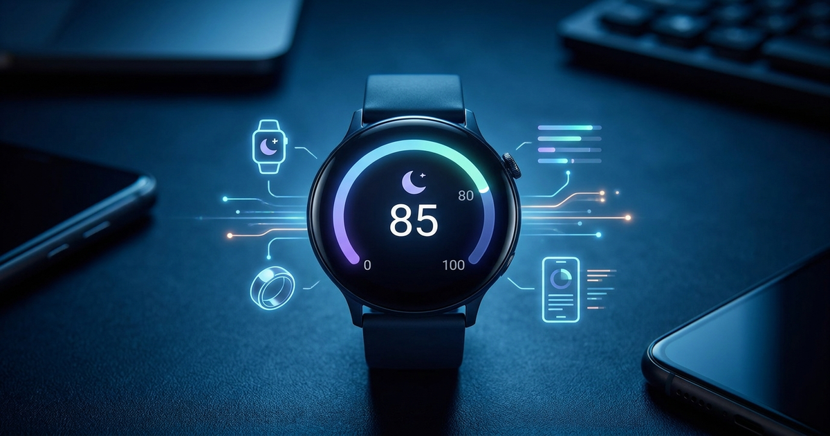 A glowing 0-100 sleep score dial with icons for a smartwatch, ring, and phone feeding data into it, dark blue background A glowing 0-100 sleep score dial with icons for a smartwatch, ring, and phone feeding data into it, dark blue background