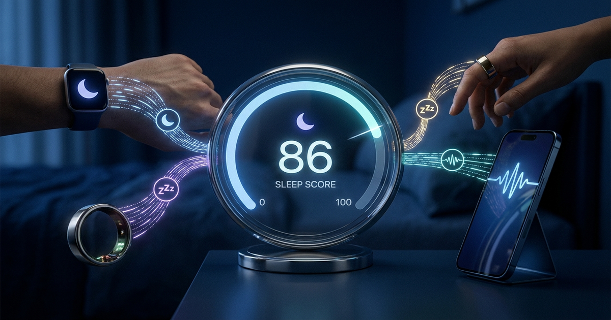 A glowing 0-100 sleep score dial with icons for a smartwatch, ring, and phone feeding data into it, dark blue background, no faces A glowing 0-100 sleep score dial with icons for a smartwatch, ring, and phone feeding data into it, dark blue background, no faces