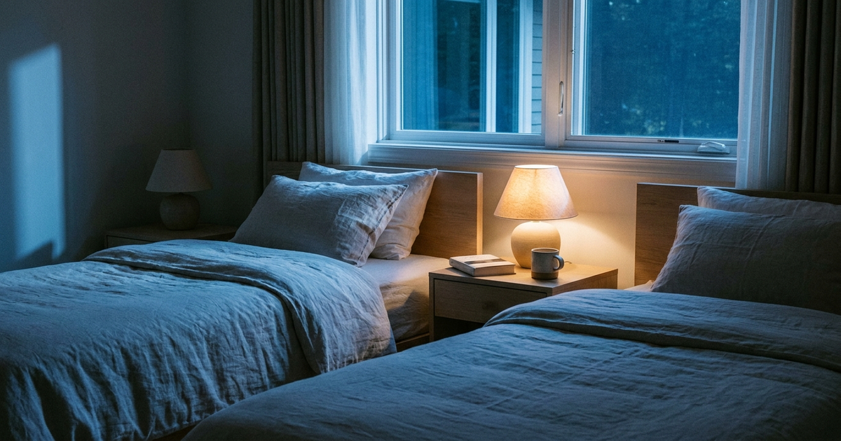 Two separate beds in soft blue moonlight, one nightstand lamp on and one off, calm bedroom, no faces visible Two separate beds in soft blue moonlight, one nightstand lamp on and one off, calm bedroom, no faces visible