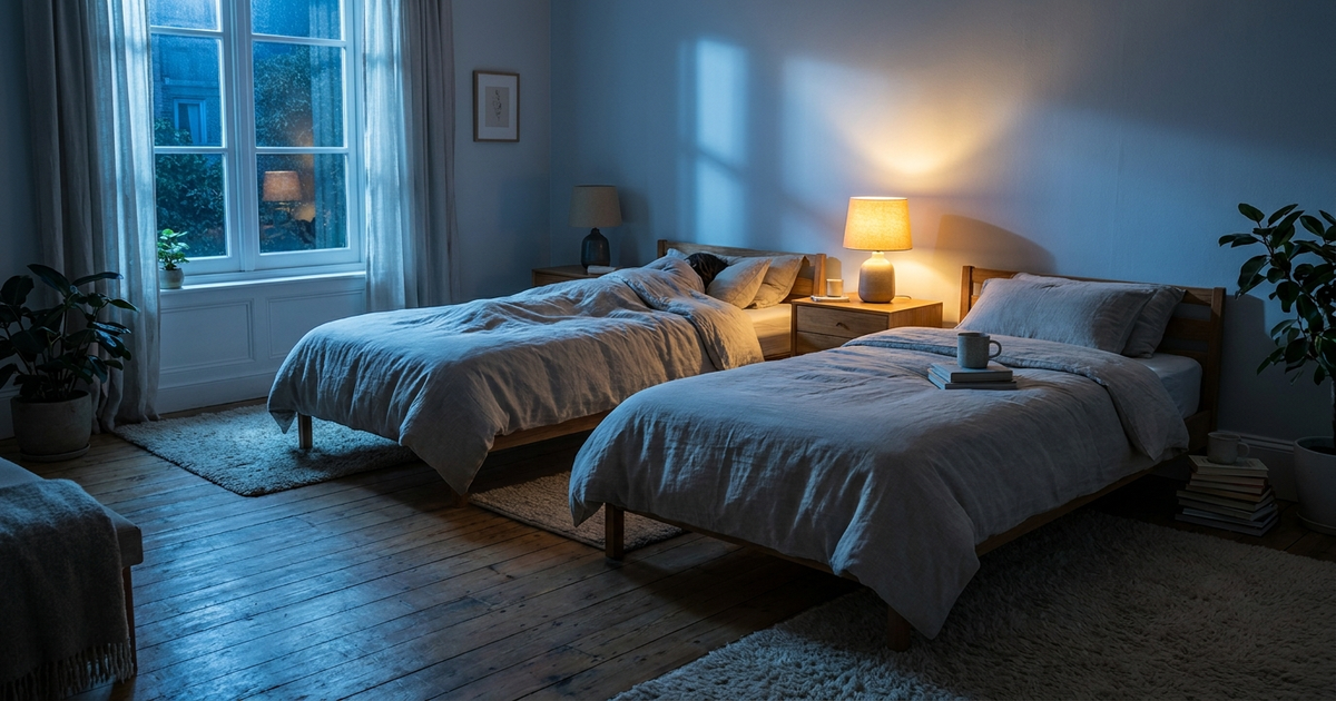 Two separate beds in soft blue moonlight, one nightstand lamp on and one off, calm bedroom, no faces visible Two separate beds in soft blue moonlight, one nightstand lamp on and one off, calm bedroom, no faces visible
