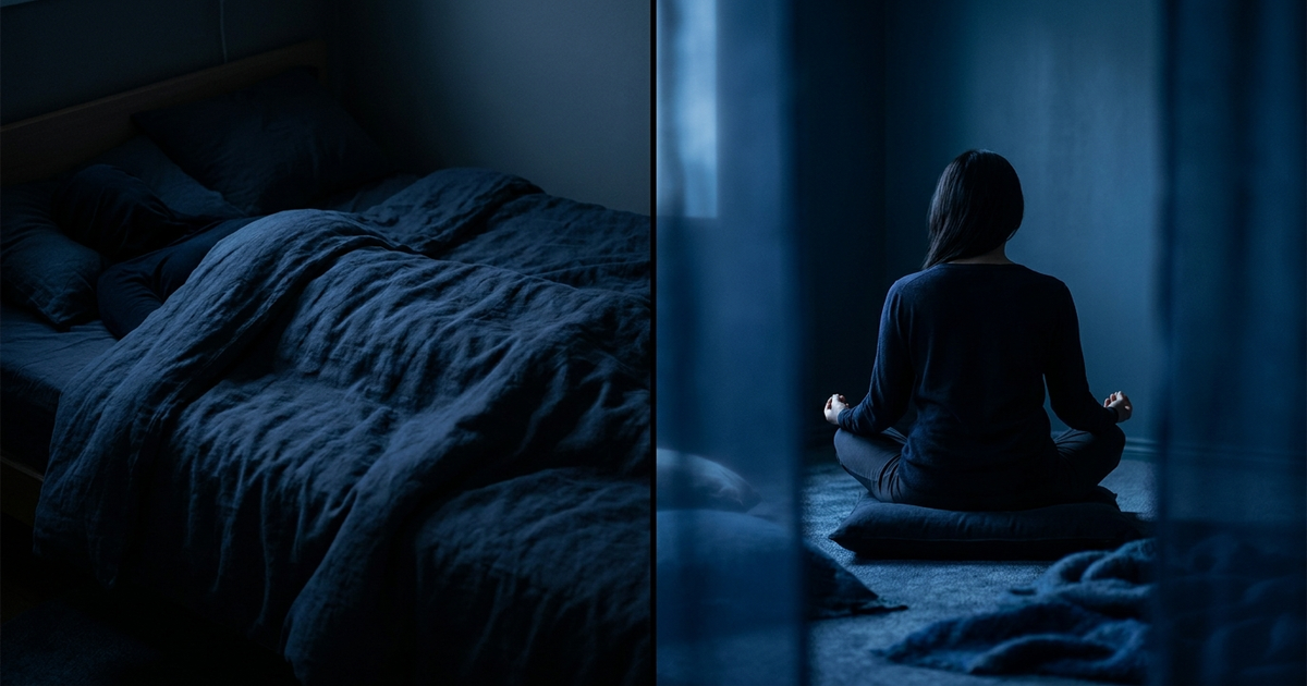 Split-scene of a person lying flat on a bed doing yoga nidra on one side and sitting cross-legged meditating on the othe