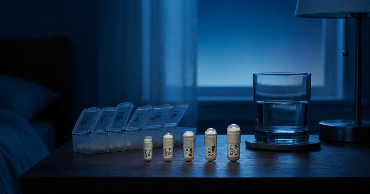 A row of 5-HTP capsules in ascending dose sizes next to a pill organizer and a glass of water, deep blue night-lit gradi
