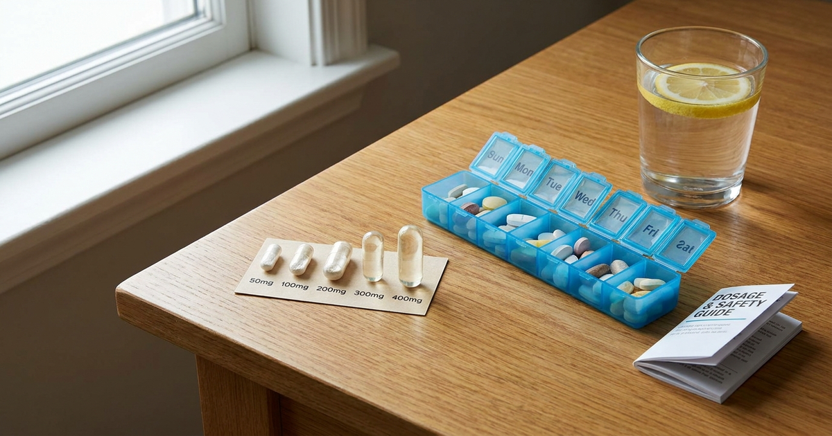 A row of 5-HTP capsules in ascending dose sizes next to a pill organizer and a glass of water, representing 5-HTP dosage and safety
