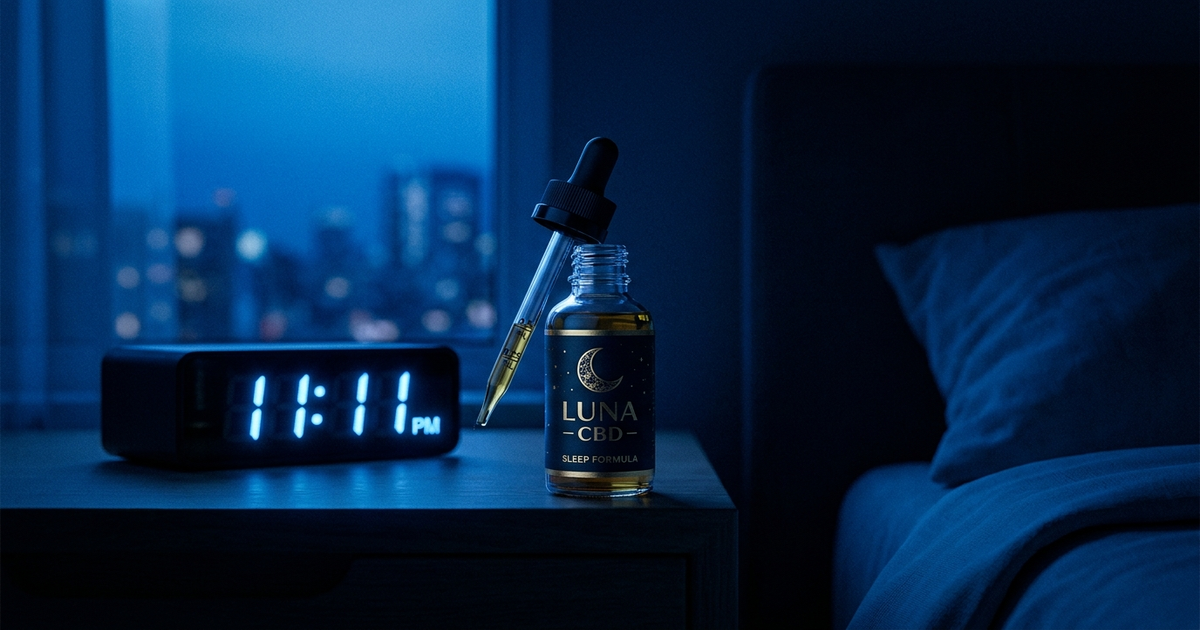 A CBD oil dropper bottle with a measured dose on the dropper next to a bedside clock, deep blue night-lit gradient