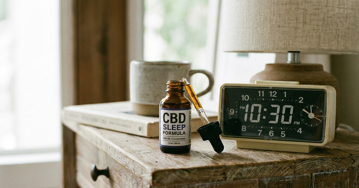 A CBD oil dropper bottle with a measured dose on the dropper next to a bedside clock, representing CBD oil dosage for sleep
