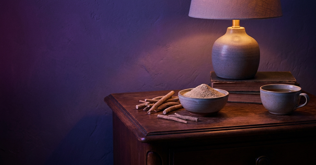 Ashwagandha root and powder beside a dimly lit bedside table, deep purple-to-indigo gradient Ashwagandha root and powder beside a dimly lit bedside table, deep purple-to-indigo gradient