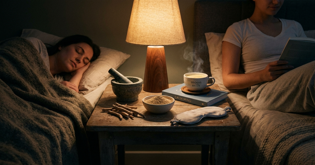 Ashwagandha root and powder beside a dimly lit bedside table, representing whether ashwagandha makes you sleepy or just calm Ashwagandha root and powder beside a dimly lit bedside table, representing whether ashwagandha makes you sleepy or just calm
