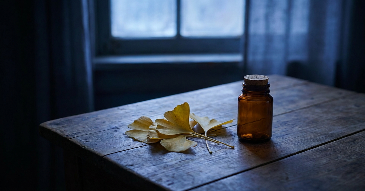 A handful of fan-shaped ginkgo leaves and a small amber supplement bottle on a dark wooden table, soft indigo evening li