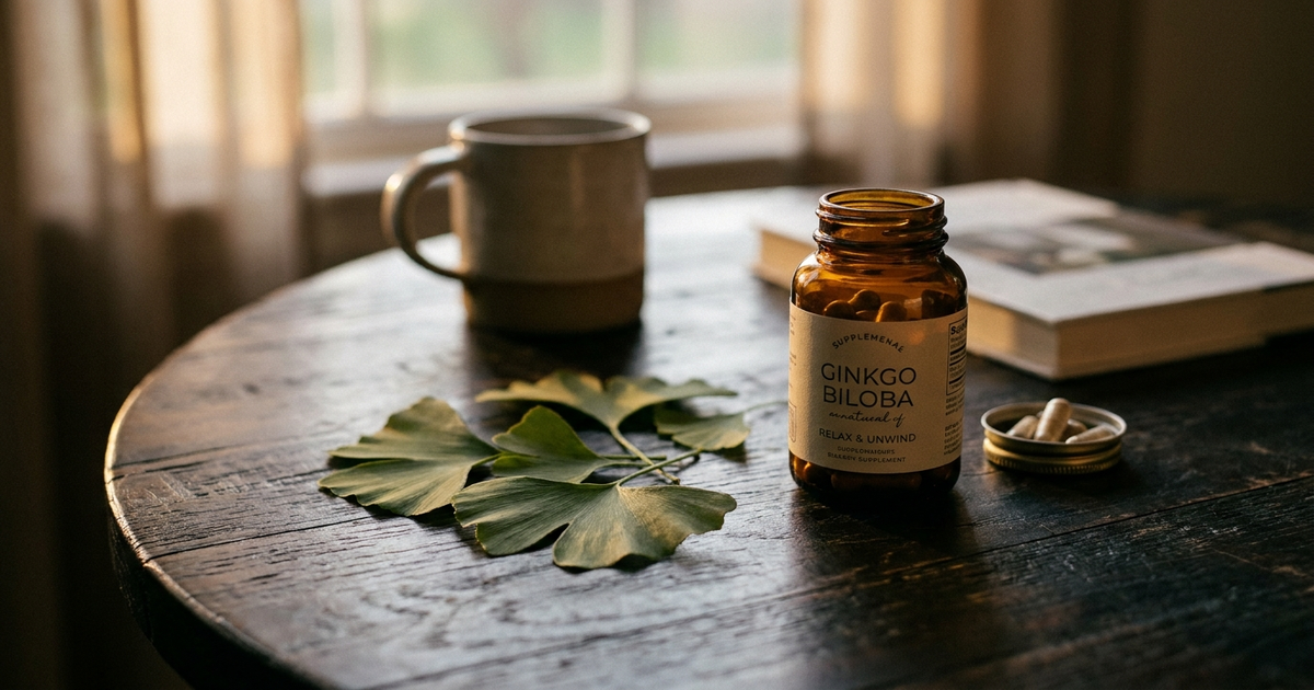 Fan-shaped ginkgo leaves beside a small amber supplement bottle on a dark wooden table in soft evening light, representing does ginkgo biloba help you relax