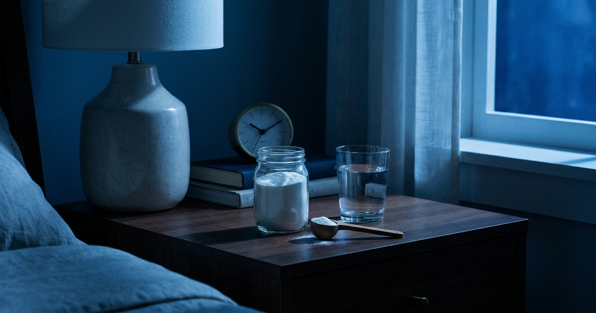 Glycine powder and a measuring scoop beside a glass of water on a nightstand, deep blue night-lit gradient