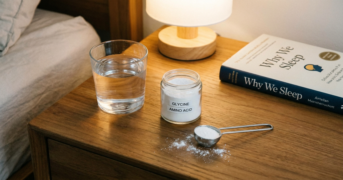 Glycine powder and a measuring scoop beside a glass of water on a nightstand, representing glycine as an amino acid sleep supplement