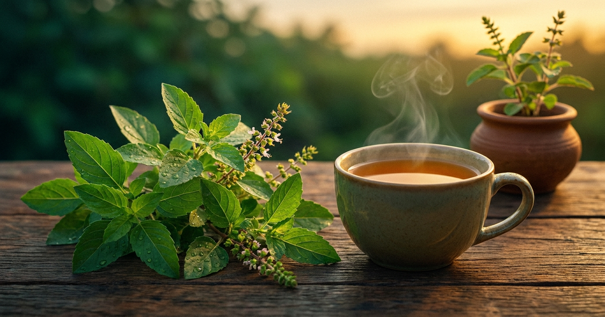 Tulsi (holy basil) leaves and a cup of tea at dusk, deep green-to-gold gradient Tulsi (holy basil) leaves and a cup of tea at dusk, deep green-to-gold gradient