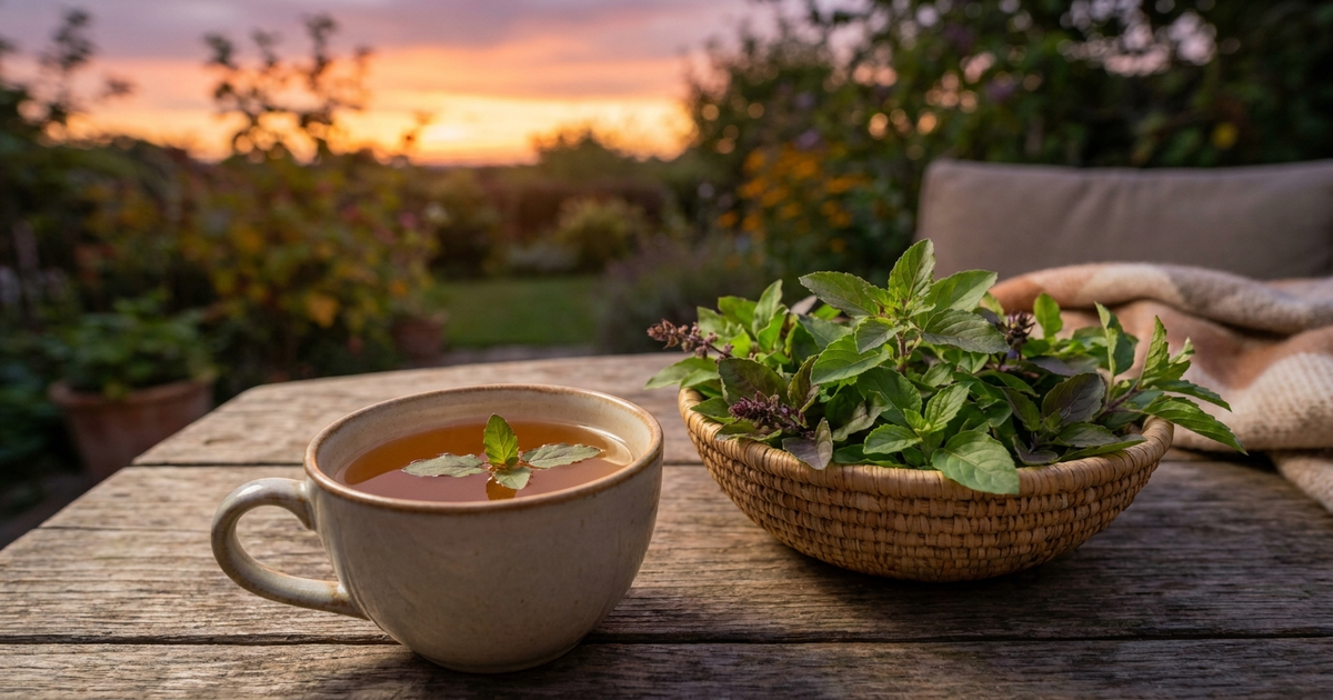 Tulsi holy basil leaves and a cup of herbal tea at dusk, representing holy basil tulsi for sleep and cortisol regulation Tulsi holy basil leaves and a cup of herbal tea at dusk, representing holy basil tulsi for sleep and cortisol regulation