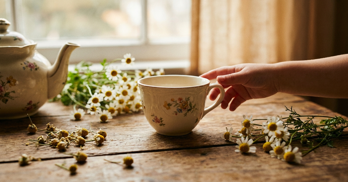 Chamomile flowers and a small child's teacup on a soft-lit table, warm amber and cream tones, no faces visible Chamomile flowers and a small child's teacup on a soft-lit table, warm amber and cream tones, no faces visible