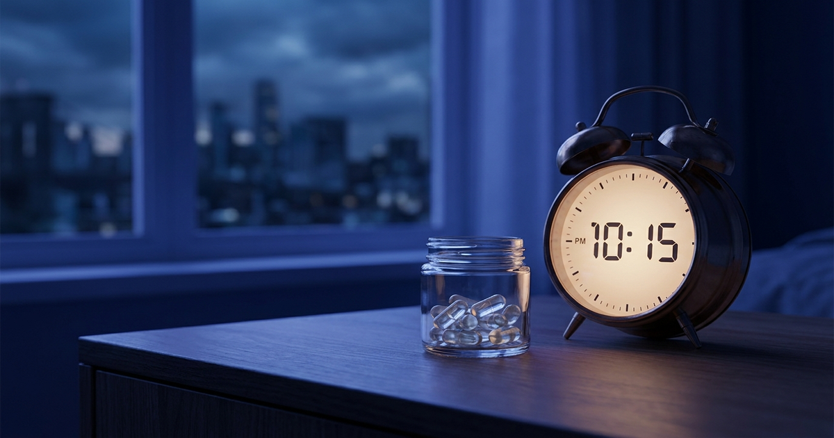 A measured dose of L-theanine capsules next to a clock reading 45 minutes before bedtime, deep blue night-lit gradient