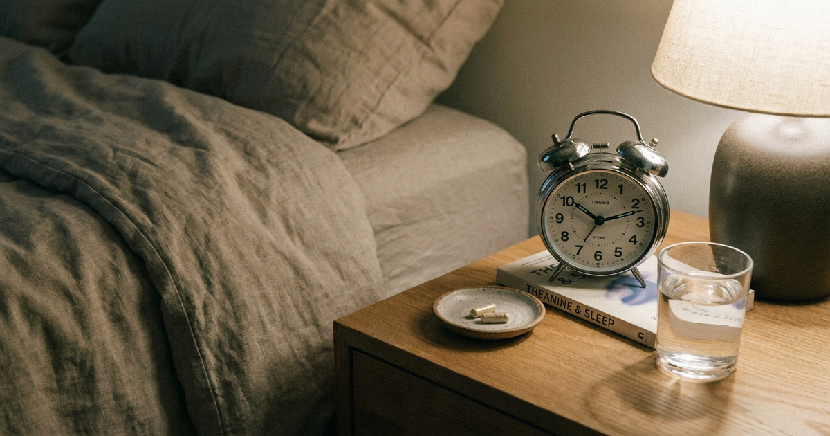 A measured dose of L-theanine capsules next to a bedside clock, representing L-theanine dosage and timing before bed