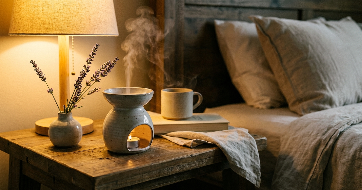 A ceramic diffuser releasing soft mist beside a lavender sprig on a nightstand, dim warm bedroom light A ceramic diffuser releasing soft mist beside a lavender sprig on a nightstand, dim warm bedroom light