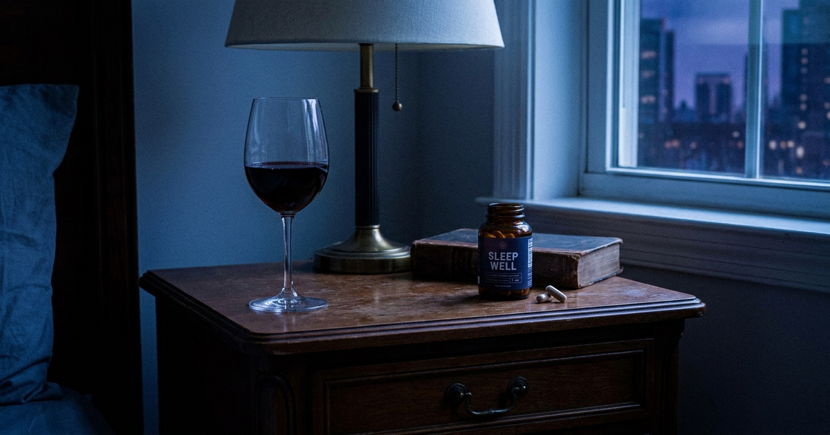 A glass of red wine and a small supplement bottle sitting on opposite ends of a nightstand, dim indigo night lighting A glass of red wine and a small supplement bottle sitting on opposite ends of a nightstand, dim indigo night lighting