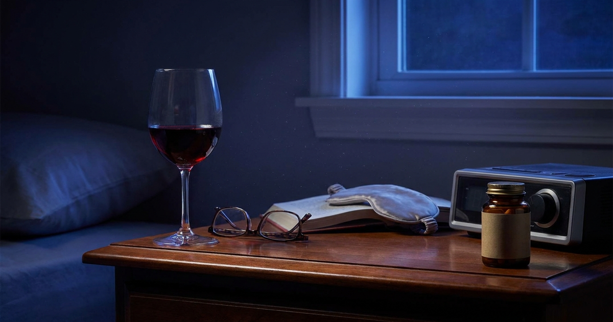 A glass of red wine and a small supplement bottle sitting on opposite ends of a nightstand in dim indigo night lighting, representing sleep supplements and alcohol interactions A glass of red wine and a small supplement bottle sitting on opposite ends of a nightstand in dim indigo night lighting, representing sleep supplements and alcohol interactions