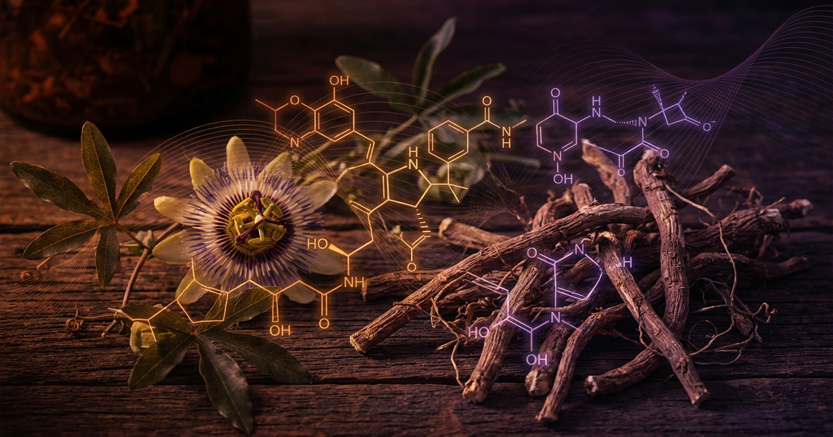 Valerian root and passionflower vine side by side with overlapping GABA pathway diagram, dark background, amber and purple tones Valerian root and passionflower vine side by side with overlapping GABA pathway diagram, dark background, amber and purple tones