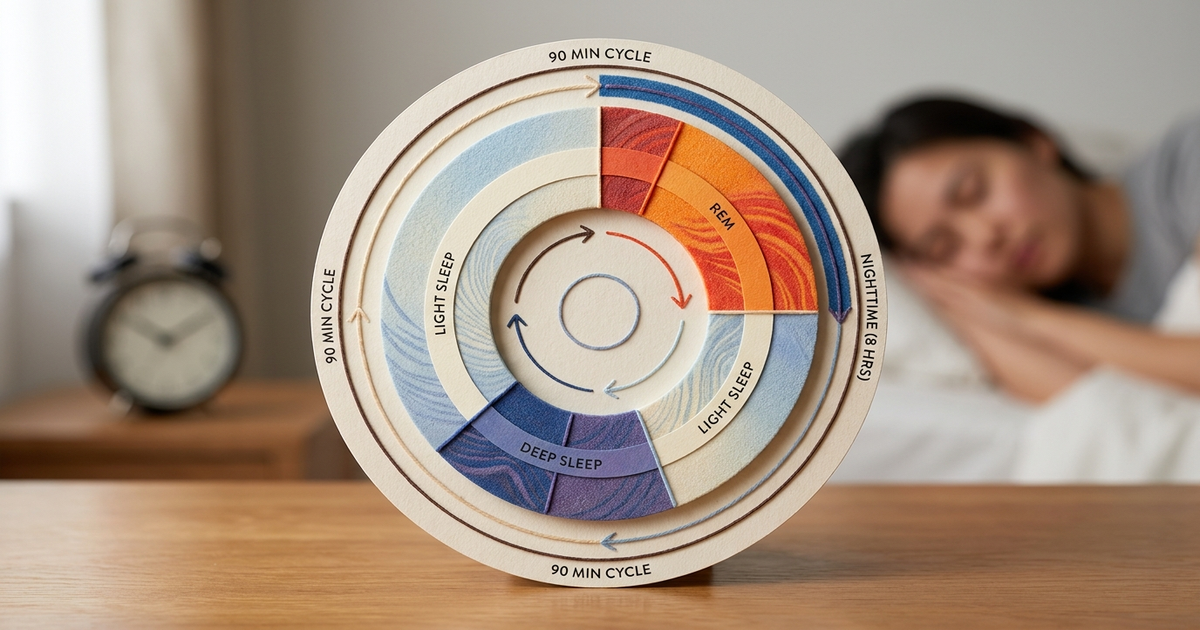 Circular diagram of the 90-minute sleep cycle showing light sleep, deep sleep, and REM stages repeating through the night Circular diagram of the 90-minute sleep cycle showing light sleep, deep sleep, and REM stages repeating through the night