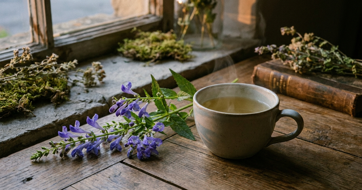 Blue-violet skullcap flowers on a green stem beside a cup of pale herbal tea, soft evening light Blue-violet skullcap flowers on a green stem beside a cup of pale herbal tea, soft evening light