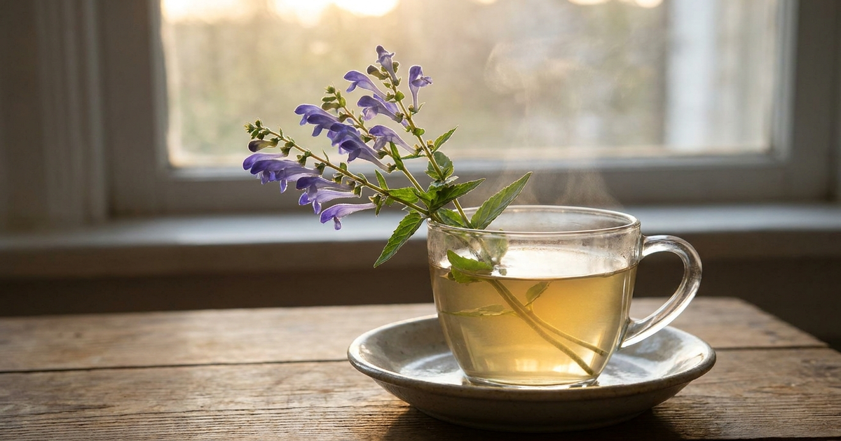 Blue-violet skullcap flowers on a green stem beside a cup of pale herbal tea in soft evening light, illustrating what skullcap herb is Blue-violet skullcap flowers on a green stem beside a cup of pale herbal tea in soft evening light, illustrating what skullcap herb is
