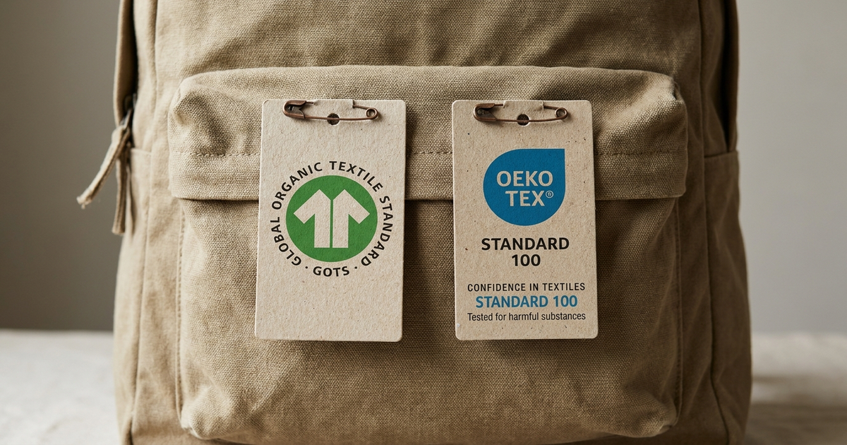 GOTS hang-tag and OEKO-TEX STANDARD 100 hang-tag pinned side by side on a folded organic cotton backpack panel, neutral 