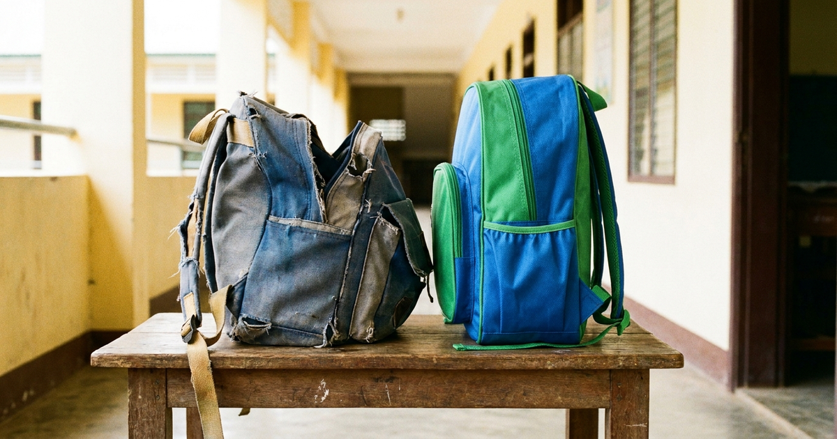 A worn school backpack next to a new one, showing frayed seams and a faded strap for comparison A worn school backpack next to a new one, showing frayed seams and a faded strap for comparison