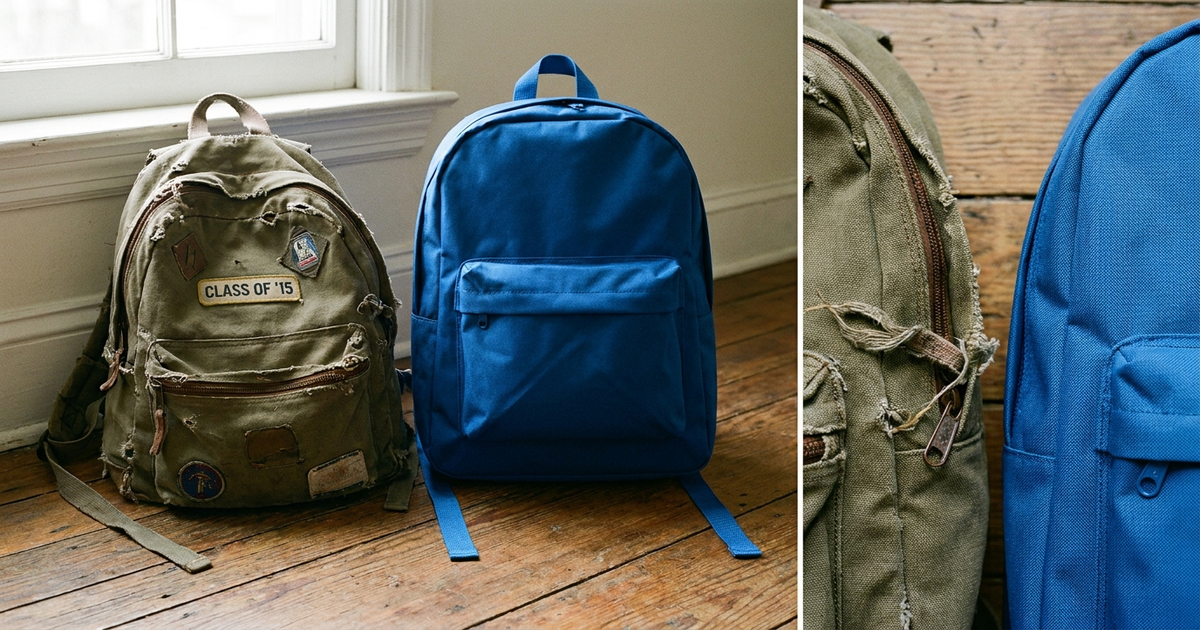 A worn school backpack next to a new one, showing frayed seams and a faded strap for comparison A worn school backpack next to a new one, showing frayed seams and a faded strap for comparison