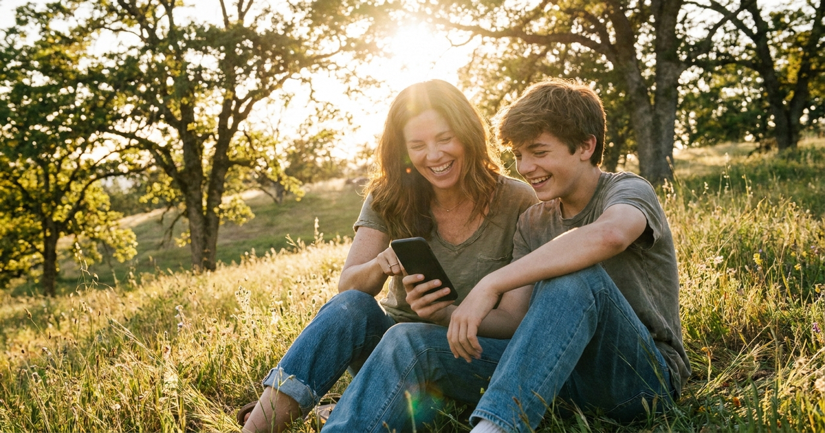A teenager and a parent looking at a phone together outdoors, warm natural light, no text, no branding A teenager and a parent looking at a phone together outdoors, warm natural light, no text, no branding