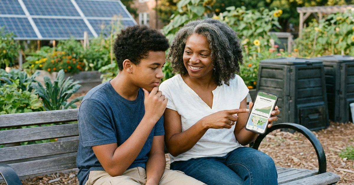 A teenager and a parent looking at a phone together outdoors, representing an honest conversation about sustainability instead of a lecture A teenager and a parent looking at a phone together outdoors, representing an honest conversation about sustainability instead of a lecture